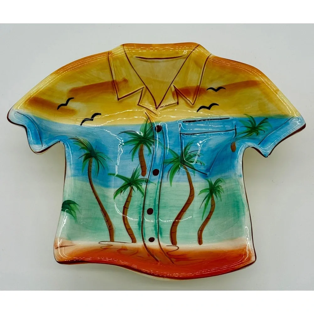 Clay Art Hawaiian Shirt Ceramic Plate Palm Trees Tropical Beach Decor dip chips